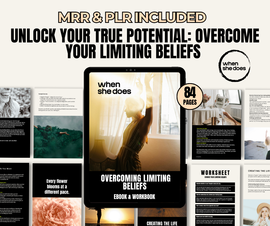 Empower yourself with our comprehensive digital eBook and workbook designed to help women identify and overcome limiting beliefs. Take actionable steps towards personal growth and build the life you've always dreamed of.  Resell the digital product as your own or rebrand with master resell rights and private label rights (MRR) & (PLR)